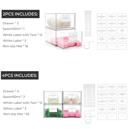 4 Pack Laundry Room Organization Storage Drawers with Labels, Clear Stackable Dryer Sheet Holder and Pod Containers, Detergent Dispenser for Laundry Room Organizing and Decor