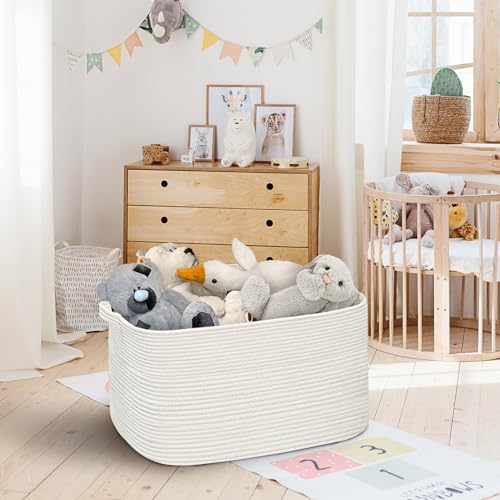 White Baskets for Organizing, 22" X 17" X 12" Rectangle Cotton Rope Storage Baskets, Woven Blanket Basket Living Room, Large Kids Toy Storage Organizer Bins, Baby Wicker Laundry Basket - color: White