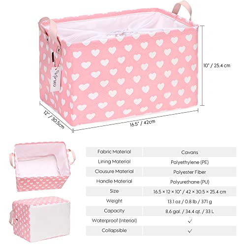 Hinwo Large Canvas Fabric Storage Basket with Handles, 33L/8.6-Gal Rectangle Bin, Collapsible Storage Box, Clothes, Toys, Blankets Organizer, 16.5 x 12 x 10 Inches (L, Pink Heart) - color: Pink Heart, size: L/16.5 x 12 x 10"/1-Pack