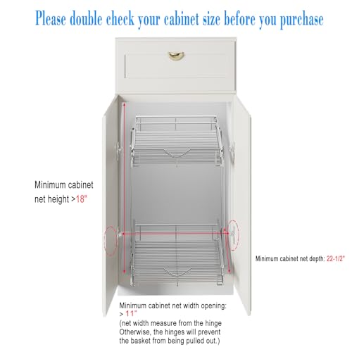 DINDON 2 Tier Pull Out Cabinet Organizer (11"W X 21"D), Double Tier Wire Basket Slide Out Shelf Storage for Kitchen Base Cabinet Organization for Kitchen, Pantry, Bathroom, Chrome - size: 11'' W X 21'' D