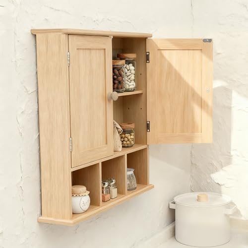 TaoHFE Natural Wooden Color Bathroom Wall Cabinet with 2 Door Adjustable Shelves,Over The Toilet Storage Wall Mounted Medicine Cabinets for Bathroom Laundry Room Kitchen - color: Wooden Color