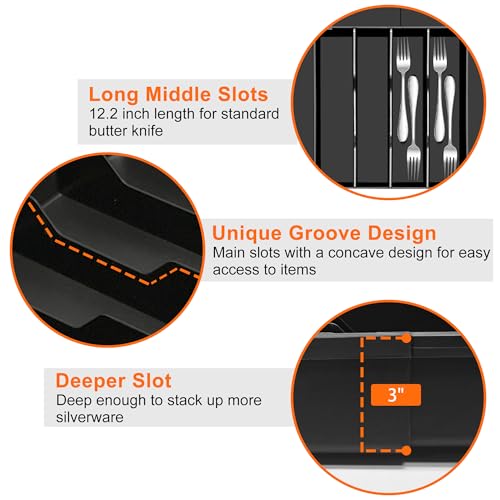 Spaclear Large Kitchen Silverware Organizer - Expandable 17.2" x 17.9" Adjustable Drawer Tray, 4-7 Compartments for Maximum Storage, BPA-Free, Black,L - color: Black, size: L(10.2-17.2"W x 13.2-17.9"D)