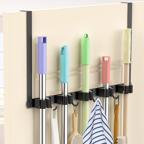 Broom Holder Over The Door Drilling Free Mop and Broom Holder with 4 Over Door Hook, Metal Mop and Broom Storage Wall Mount Broom Storage Tool Organizer for Laundry Room Garage Kitchen Bathroom - color: black