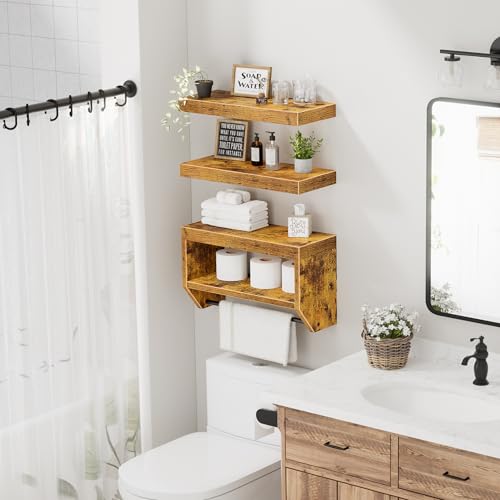 QEEIG Bathroom Floating Shelves for Wall - Shelf Over Toilet Paper Storage Farmhouse 16 inch Set of 3, Rustic Brown (028-40BN3) - color: Rustic Brown
