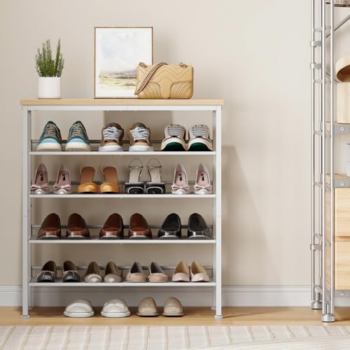 HOOBRO Shoe Rack for Entryway, 5-Tier Shoe Organizer with Adjustable Mesh Shelves, 12-16 Pairs of Shoes, Spacious Floor Mount, Metal, Industrial, Shoe Shelf for Closet, Natural and White WN12XJ01 - color: Natural + White, size: 29.5"W x 11.8"D x 31.8"H