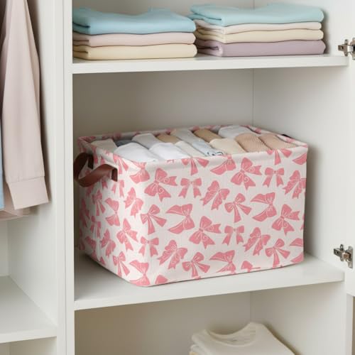Pink Bow Storage Basket Waterproof Canvas Toy Storage Bin Bow Room Decor Collapsible Outdoor Basket with Leather Handles Coquette Room Decor Blanket Baskets For Closets,Bedrooms,Gifts Baskets - color: Pink Bow