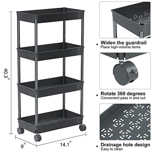 Sooyee 4 Tier Wide Storage Cart Mobile Shelving Unit Organizer Slide Out Storage Rolling Utility Cart Tower Rack for Kitchen Bathroom Laundry, Plastic & Stainless Steel,Black - color: Black, size: Wide
