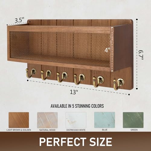 Rebee Vision Key Holder Wall Mount with Mesh Mail Basket – Mail Organizer for Wall Decor with 6 Key Hooks for Entryway, Kitchen – Functional Home Decor & Space-Saving Wooden Organizer (Golden Hook) - color: Light Brown