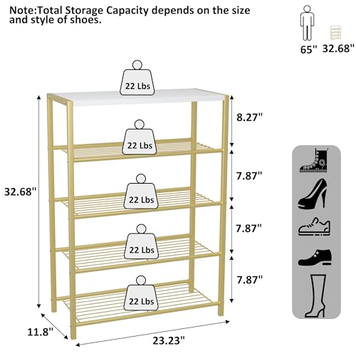 HOMEFORT 5-Tier Shoe Rack, Shoe Storage Shelf, Industrial Shoe Tower, Narrow Shoe Organizer for Closet Entryway, Small Shoe Rack Table with Durable Metal Shelves, Gold - color: Gold, size: 5-Tier (11.8"D x 23.23"W x 32.68"H)