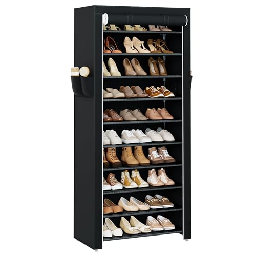CASAMAYA Shoe Rack with Covers, 10 Tiers Tall Shoe Rack Organizer, Large Capacity Shoe Shelf Storage, Hold 30 Pairs of Shoes, Vertical Shoe Storage Organizer for Closet, Entryway, Black, SRT103B01 - size: 24.8"W - 10 Tier