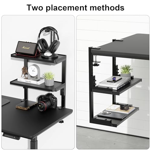 Spacrea clamp on Desk Shelf, 2 Tier Office Desk Shelves Organizer, Wood Desktop Supplies Storage Rack, Desk Organizers and Accessories (Black) - color: Black