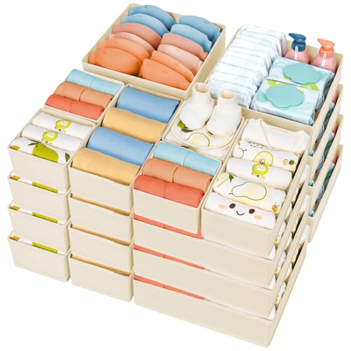 DIMJ Drawer Organizer Clothes, 24 Pack Dresser Organizer, Foldable Closet Organizers and Storage, Fabric Dresser Drawer Organizers, Drawer Dividers for Nursery, Baby Clothes, Underwears, Sock - color: Beige, size: 24 Pack