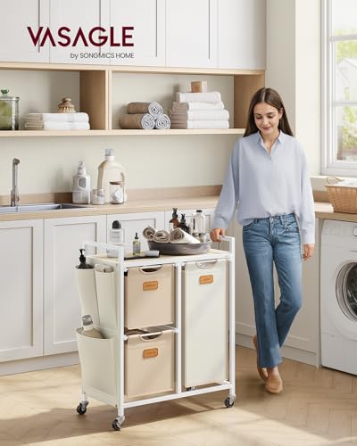 VASAGLE Laundry Hamper with 3 Compartments, 26.4 Gal. (100 L) Laundry Sorter, Rolling Laundry Cart with Shelves, Small Side Pockets, 6 Labels, Natural Beige, Camel Brown and Cream White UBLH202N01 - color: Natural Beige + Camel Brown + Cream White, size:
