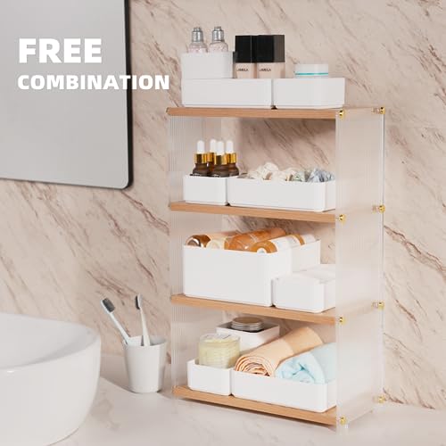CHANCETSUI 11-Piece Stackable Drawer Organizer Set, Multi-size Desk Drawer Organizer Trays Vanity Storage Bins for Storing Makeup, Stationery, Utensils in Bathroom Dresser, Office and Kitchen - color: White
