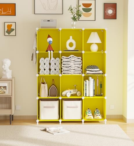 AWTATOS Cube Storage Organizer, Storage Cubes Shelves, 12 Cube Closet Organizers and Storage, DIY Stackable Bookshelf Plastic Clothes Organizer Shelving for Bedroom, Home,Yellow - color: Yellow