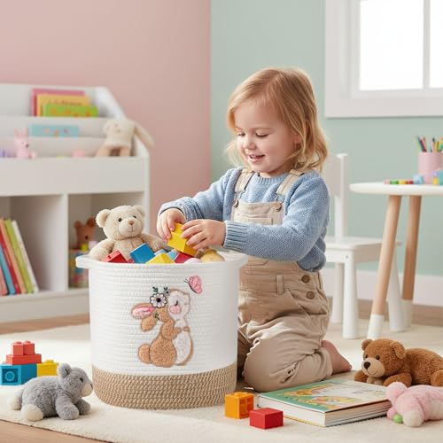 INough Toy Storage Baskets Woven Cotton Rope Storage Basket for Kids, Blanket Baskets for Living Room Stuffed Animal Storage Toys Organizer with Embroidery Decor, Cute Baskets for Nursery (Bunny) - color: Bunny, size: Medium