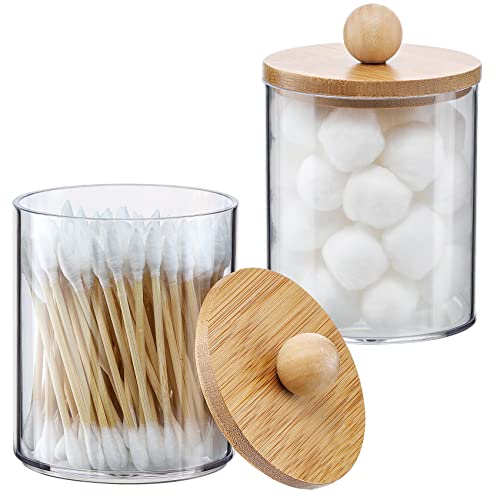 2 Pack Qtip Holder Dispenser with Bamboo Lids - 10 oz Clear Plastic Apothecary Jar Containers for Vanity Makeup Organizer Storage - Bathroom Accessories Set for Cotton Swab, Ball, Pads, Floss - size: 2 Pack of 10 oz