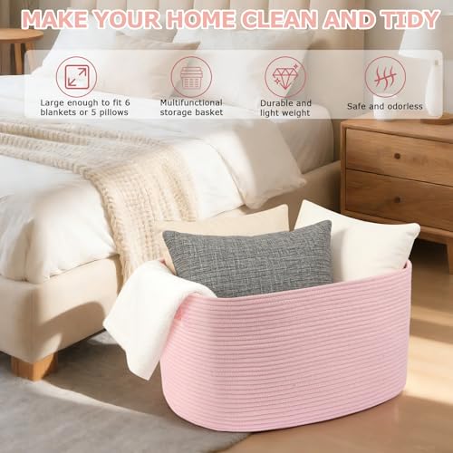 75L Large Woven Storage Basket, Pink Cotton Rope Laundry Hamper with Handles, 22”x17”x12” Rectangle Blanket Basket for Toys, Clothes, Pillows, Nursery and Living Room,Shelf Basket - color: Soft Pink