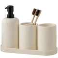 Bathroom Accessories Set, 4 Piece Travertine Stone Look Collection, Modern Bath Organizer with Soap Dispenser, Toothbrush Holder, Tumbler, Vanity Tray for Countertop Kitchen Sink (Off White) - color: Off White
