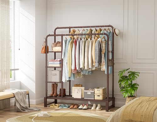 Double Rods Clothes Rack Clothing Rack with 4 Tier Storage Shelves Clothes Rack for Hanging Clothes Multifunctional Heavy Duty Clothes Organizer with Hooks for Bedroom,Wardrobe Closet,Shop,Brown - color: Brown