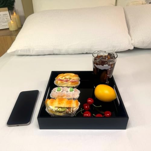KEVLANG Glossy Black Sturdy Acrylic Serving Tray with Handles-10x10Inch-Serving Coffee,Food,Breakfast,Butler-Kitchen Countertop Tray-Makeup Drawer Organizer-Vanity Table,Ottoman Tray-Decorative Tray - color: Glossy Black, size: 10" x 10" x 2"