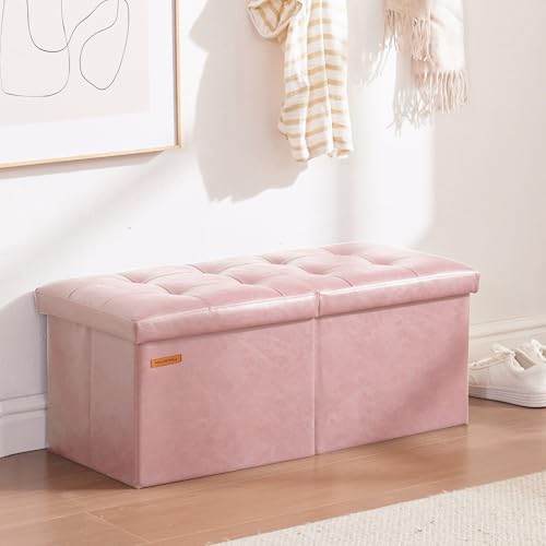 HAUSFRAU 31.5 Inches Ottoman with Storage Bench, Folding Ottoman Bench Small Foot Rest Stool, Bedroom Bench with Flipping Lid, Faux Leather Pale Pink - color: Pale Pink, size: 13"D x 31.5"W x 13"H