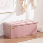 HAUSFRAU 31.5 Inches Ottoman with Storage Bench, Folding Ottoman Bench Small Foot Rest Stool, Bedroom Bench with Flipping Lid, Faux Leather Pale Pink - color: Pale Pink, size: 13"D x 31.5"W x 13"H