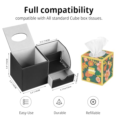PUSU Square Tissue Box Cover with Storage Drawer, PU Leather Facial Tissues Cube Boxes Holder, Modern Makeup Remote Control Holder, Nightstand Organizer Caddy for Bathroom Vanity, Office, Home Decor - color: Black Cowhide