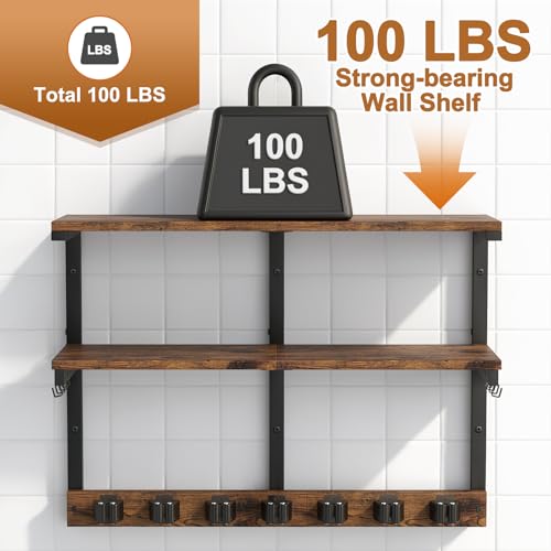 Housolution 2 Tier Broom Holder Wall Mount with Cleaning Supplies Organizer, 100 LBS High Load-Bearing Laundry Room Storage Shelves, Multifunctional Mop Hanger Rack with 7 Grippers & 8 Hooks - size: 2 Tiers