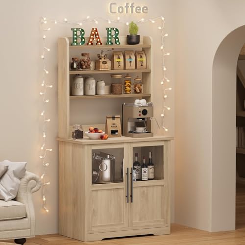 IDEALHOUSE Bakers Rack with Storage Cabinet, Microwave Stand with Power Outlets, Farmhouse Bakers Rack with Thick Table Top, Small Kitchen Bakers Rack for Kitchen,Dining Room,Peer Wood - color: Peer Wood, size: with 2 Glass Door