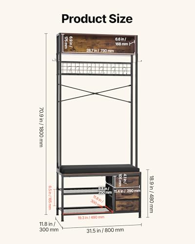 VEVOR Hall Tree with Bench and Shoe Storage, Entryway Bench with Coat Rack, 3 Drawers, 3 Storage Cubbies, 7 Hooks with Soft Cushion for Entryway, Hallway - size: 70.9" * 31.5"