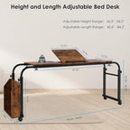 Arlopu Overbed Table with Wheels,60.6-84.2 inches Mobile Bed Desk,Rolling Computer Desk, Laptop Cart,W/0-65°Tilt Stand,4 Heights and 6 Lengths,Side Storage Basket,for Home,Office and Hospital (Brown) - color: Brown