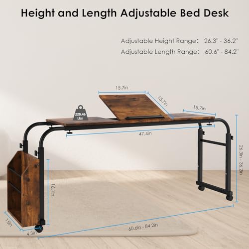 Arlopu Overbed Table with Wheels,60.6-84.2 inches Mobile Bed Desk,Rolling Computer Desk, Laptop Cart,W/0-65°Tilt Stand,4 Heights and 6 Lengths,Side Storage Basket,for Home,Office and Hospital (Brown) - color: Brown
