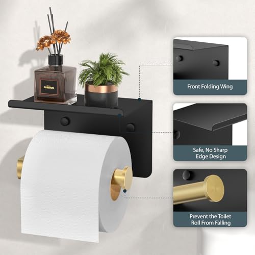 FORIOUS Toilet Paper Holder with Shelf, Adhesive or Screw Wall Mount Toilet Paper Roll Holder for Bathroom, Rustproof 304 Tissue Dispenser with Phone Shelf (1, Matte Black & Brushed Gold) - color: Matte Black & Brushed Gold