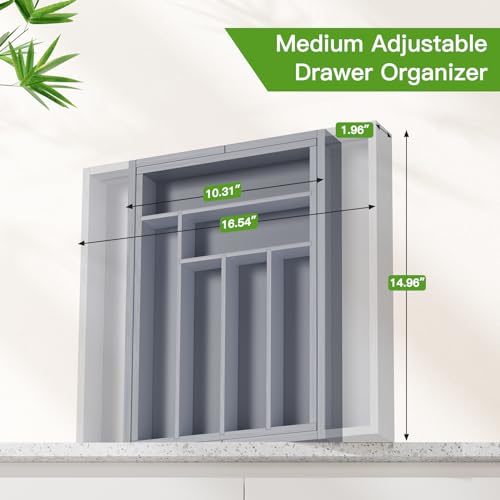 Pipishell Bamboo Expandable Drawer Organizer for Utensils Holder, Adjustable Cutlery Tray, Wood Drawer Dividers Organizer for Silverware, Flatware, Knives in Kitchen, Bedroom, Living Room(M-Grey) - color: Grey, size: Medium