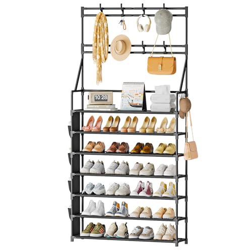 OYREL Shoe Rack 7 Tier Sturdy Shoe Racks for Closet Shoes Organizer for 28-35 Pairs Large Capacity Shoe Storage Rack with Multifunctional 5 Hooks and Side Pocket for Entrance Entryway - color: Black, size: 7 Tier