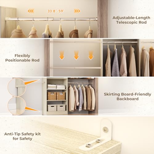 Homieasy Closet System, 4.5-11.5 Ft Expandable Closet Organizer with 5 Hanging Rods, Walk-in Wood Closet Organizer System with Storage Tower, Heavy Duty Garment Rack Wardrobe for Bedroom, Light Oak - color: Light Oak