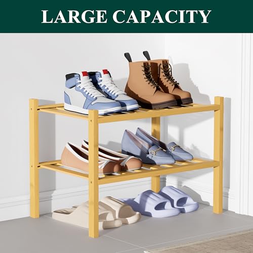 Smiry Bamboo Shoe Rack for Closet, 2 Tier Small Wooden Stackable Shoe Organizer, Free Standing Shoes Storage Shelf for Entryway, Front Door Entrance, Natural - color: Natural, size: 2 Tier - Small