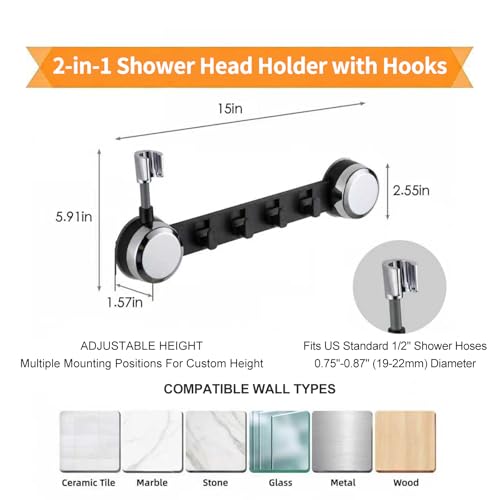 No Drill Adhesive Shower Caddy, Reusable Wall Mount Organizer with Adjustable Shower Head Holder, 20 LBS Max Load Rustproof Bathroom Storage Rack with 4 Hooks, Polished Chrome - color: Polished Chrome