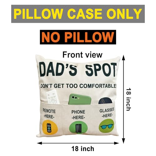 ZUYUROU Dad Gifts Funny 3 Pocket Throw Pillow Cover for Couch Recliner Sofa, Dad's Spot Remote Phone Glasses Holder Organizer Cushion Case, Father's Day Birthday for Dad, 18 x 18 Inch - color: Dad 3-pocket