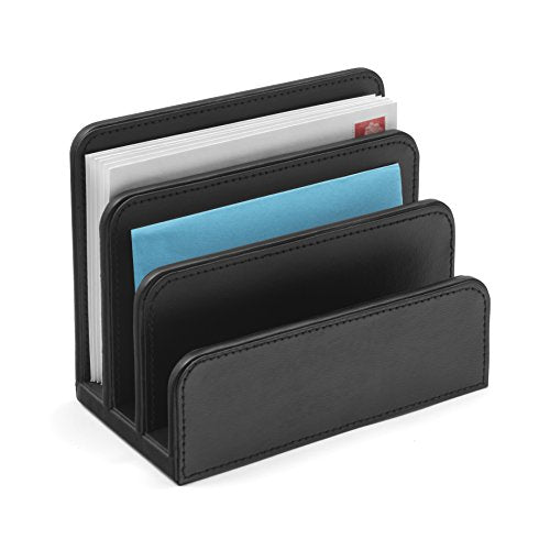 OSCO Black Faux Leather Letter Holder | Mail Sorter | Post Rack | Envelope Organiser | Document Stand | Desk File Storage | Display Slots | H14 x W17.5 D10 cm | - color: Black