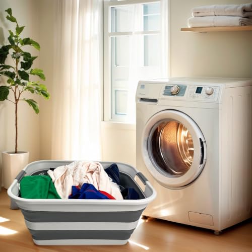 SMMART Collapsible Plastic Laundry Basket with Handle/Foldable Pop Up Storage Hamper/Portable Laundry Organizer-Space Saving Washing Tub/Household Storage Supplies (Grey/Steel Grey, 42L) - color: Grey/Steel Grey, size: 42L