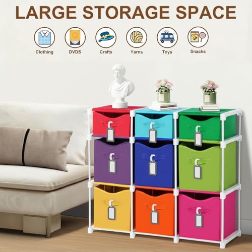 9 Cube Storage Organizer Shelf with Storage Bins and Label, 11 Inch Toy Cube Bins Clothes Closet Organizers Drawers Fabric Dresser for Living Room, Bedroom, Playroom, Dorm(Bright) - color: Bright