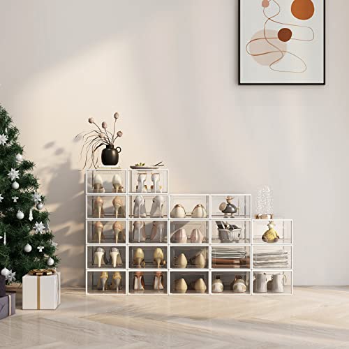 SEE SPRING 12 Pack Shoe Storage Box, Clear Plastic Stackable Shoe Organizer for Closet, Space Saving Foldable Shoe Rack Sneaker Container Bin Holder - color: Clear, size: Large Fit Size 9