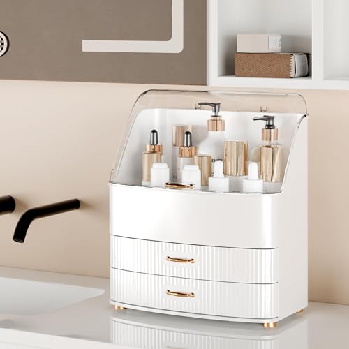 Makeup Organizer Countertop Vanity with Transparent Lid Drawers Waterproof Dustproof Cosmetic Skincare Bathroom Storage Gift for Women Teens Girls (Whtie) - color: Whtie