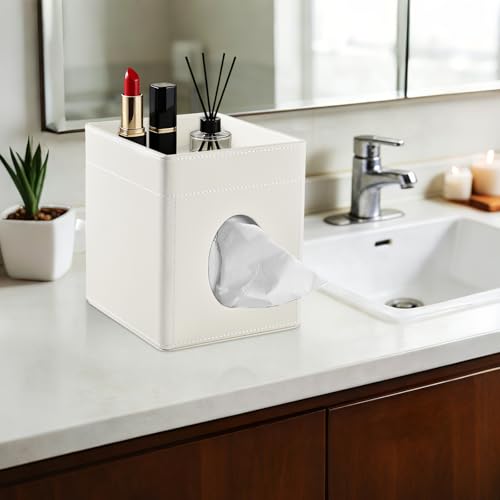 Tissue Box Cover with Storage Tray Square Tissue Box Holder PU Leather Facial Tissues Organizer Tray for Bathroom Vanity Bedroom Office Car,Stylish Napkin Caddy Decorative Organizer,Cream White - color: Cream White