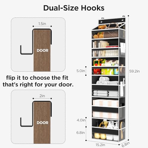 Mefirt Over The Door Organizer, 6 Shelf Door Hanging Organizers with 6 Large Capacity Pockets, Behind Door Storage Hanging Shelves for Closet Wall Bathroom Bedroom Nursery - color: Black, size: 6-Tier