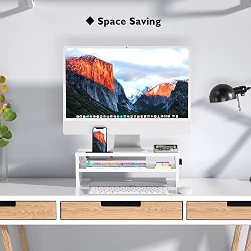 BONTEC Wooden Monitor Stand Riser, 2-Tier Desk Shelf with Storage Organizer, Ergonomic Computer Stand with Cable Management, Cellphone Holder, White, 16.5 Inch - color: White, size: 16.5 inch