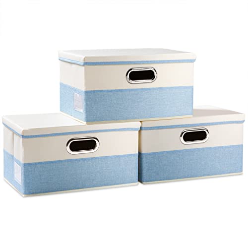 PRANDOM Collapsible Storage Bin with Lid [3-Pack] Fabric Foldable Storage Box Organizer Container Basket Cube with Cover for Home Bedroom Closet Office Nursery Blue&Cream(14.9x9.8x9.8) - color: Blue&Cream, size: M(3-Pack)