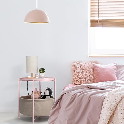 danpinera Round Side Table with Fabric Storage Basket, Metal Side Table Small Bedside Nightstand with Removable Tray Top for Living Room, Bedroom, Nursery, Laundry, Light Pink - color: Light Pink